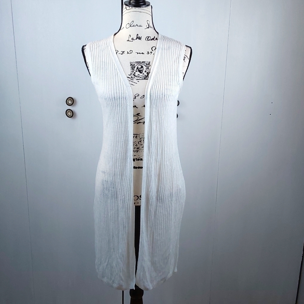 Tahari |Linen White Open Longline Sweater Cardigan Ribbed Beachy Coastal Sz.M